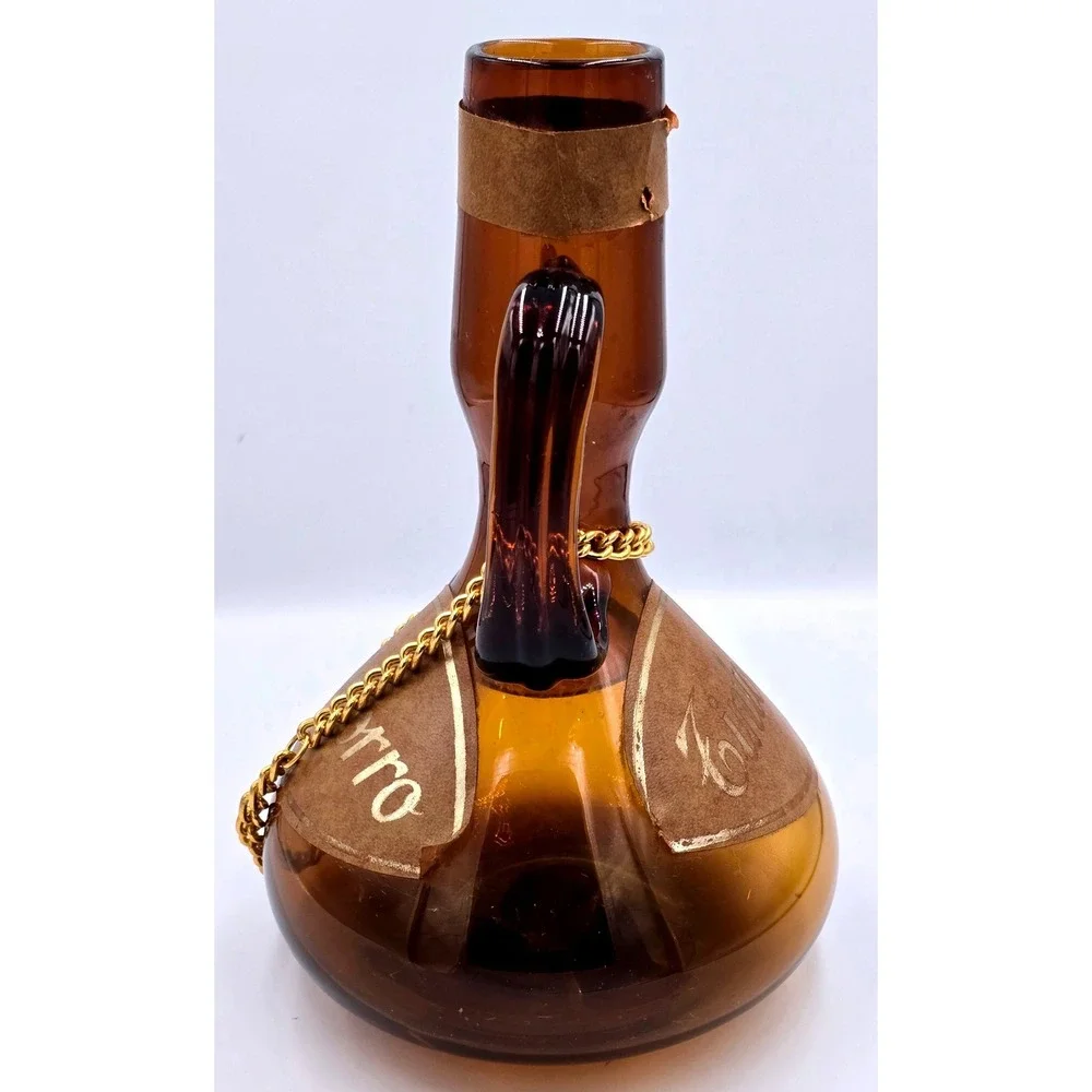 Vintage Tintorro Amber Glass Porron Decanter with Wood Stopper and Chain Handle